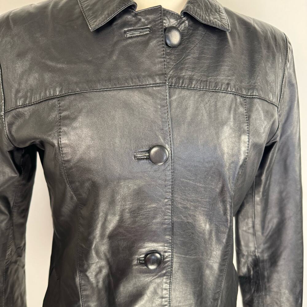VTG Black Leather 90s Classic Lined Collared‎ Button Up Jacket Women's Large - Picture 5 of 11
